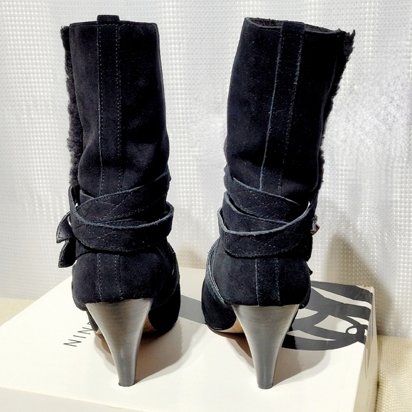 Nine West Black Suede & Strappy Mid-Calf Heeled Pull On Style Boots (9M) - Picture 5 of 13
